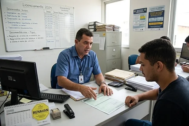 Despachante em Caruaru tirando dúvidas sobre licenciamento de veículos.